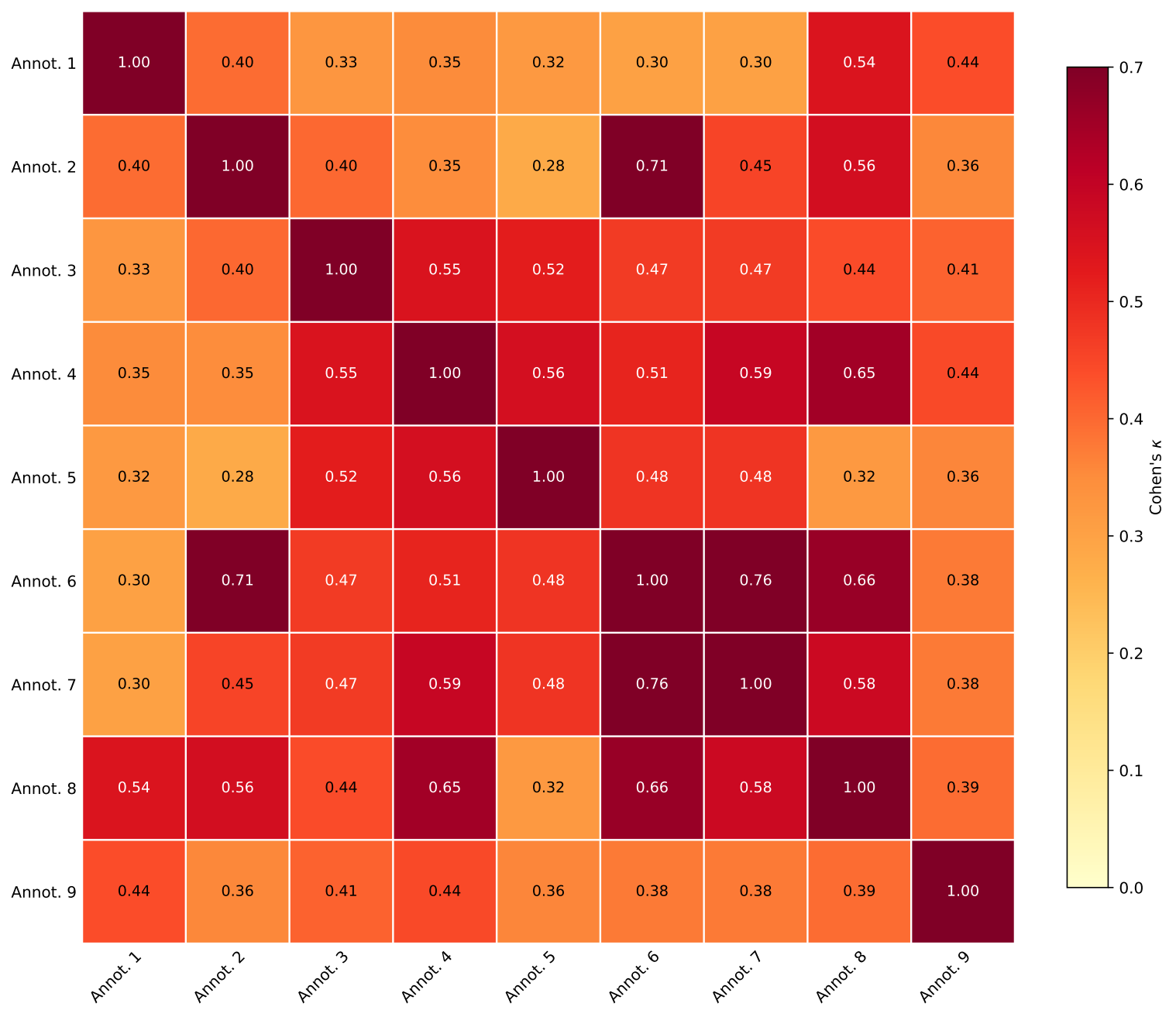Pairwise Cohen's κ heatmap across annotators.